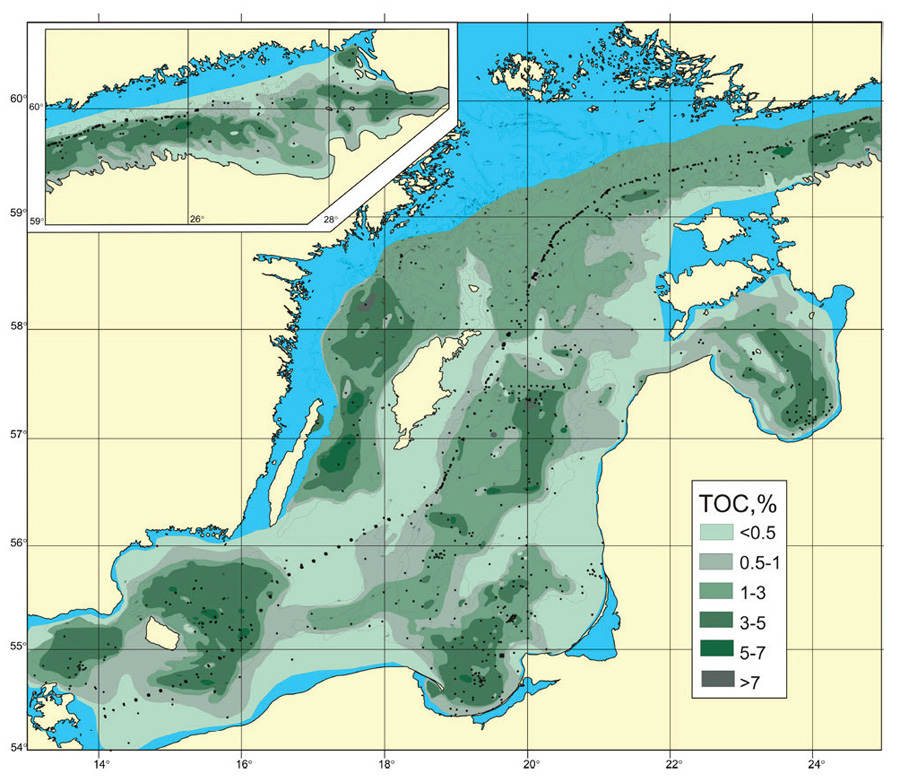 Distribution of the total organic carbon (TOC) in the topmost sediments (0-5 cm) of the Baltic Sea