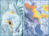 Map of oil and gas formation areas calculated for stratigraphic systemsof the Okhotsk Sea and the Caspian Sea