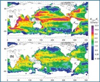 Map of the maximum  Kmax and the asymptotic  K? lateral eddy diffusivity coefficients in the World Ocean