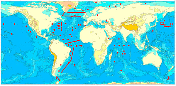 Районы Мирового океана, по которым сотрудники Лаборатирии имеют публикации по результатам измерений