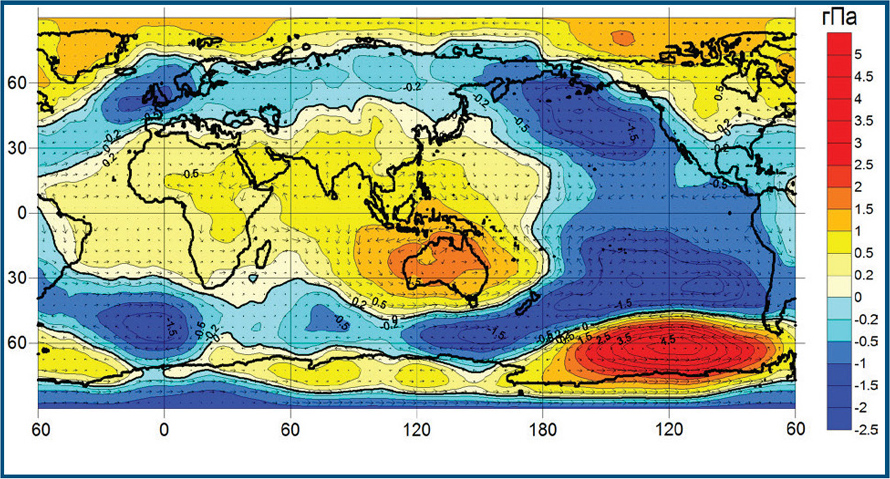 Возмущение поля атмосферного давления на у.м.ивекторов скорости геострофического ветра приГлобальной атмосферной осцилляции (10 событий Эль-Ниньо и 5 событий Ла-Нинья в 1950-2010 гг.)