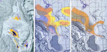 Пример карт распределения очагов нефтегазообразования, рассчитанных для различных стратиграфических комплексов Охотского моря, Северного и Среднего Каспия